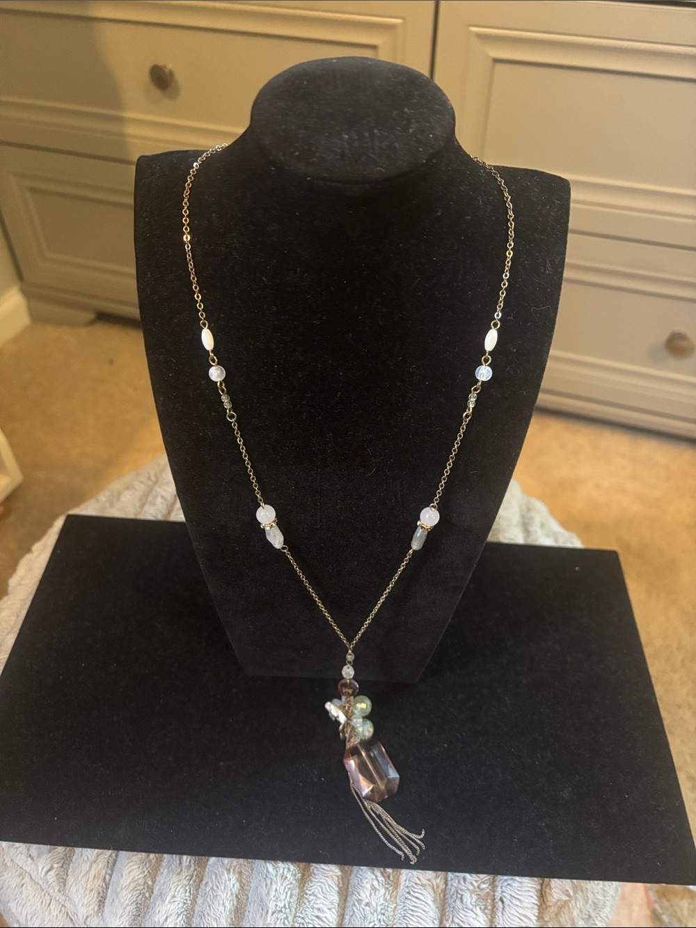 Delicate Goldtone Chain Necklace with Iridescent Bead Pendant BOHO